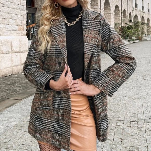 Classy plaid double breast Overcoat Jacket Shacket Coat brown - Picture 1 of 6
